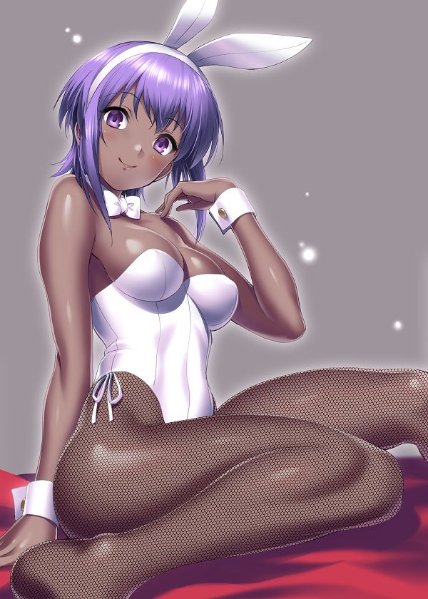 1girl animal_ears bow bowtie breasts bunny_ears bunny_tail bunnysuit dark_skin detached_collar fate/grand_order fate/prototype fate/prototype:_fragments_of_blue_and_silver fate_(series) fishnet_pantyhose fishnets grey_background hassan_of_serenity_(fate) leotard looking_at_viewer medium_breasts pantyhose purple_eyes purple_hair short_hair simple_background sitting solo strapless strapless_leotard tail white_leotard white_neckwear wrist_cuffs zen