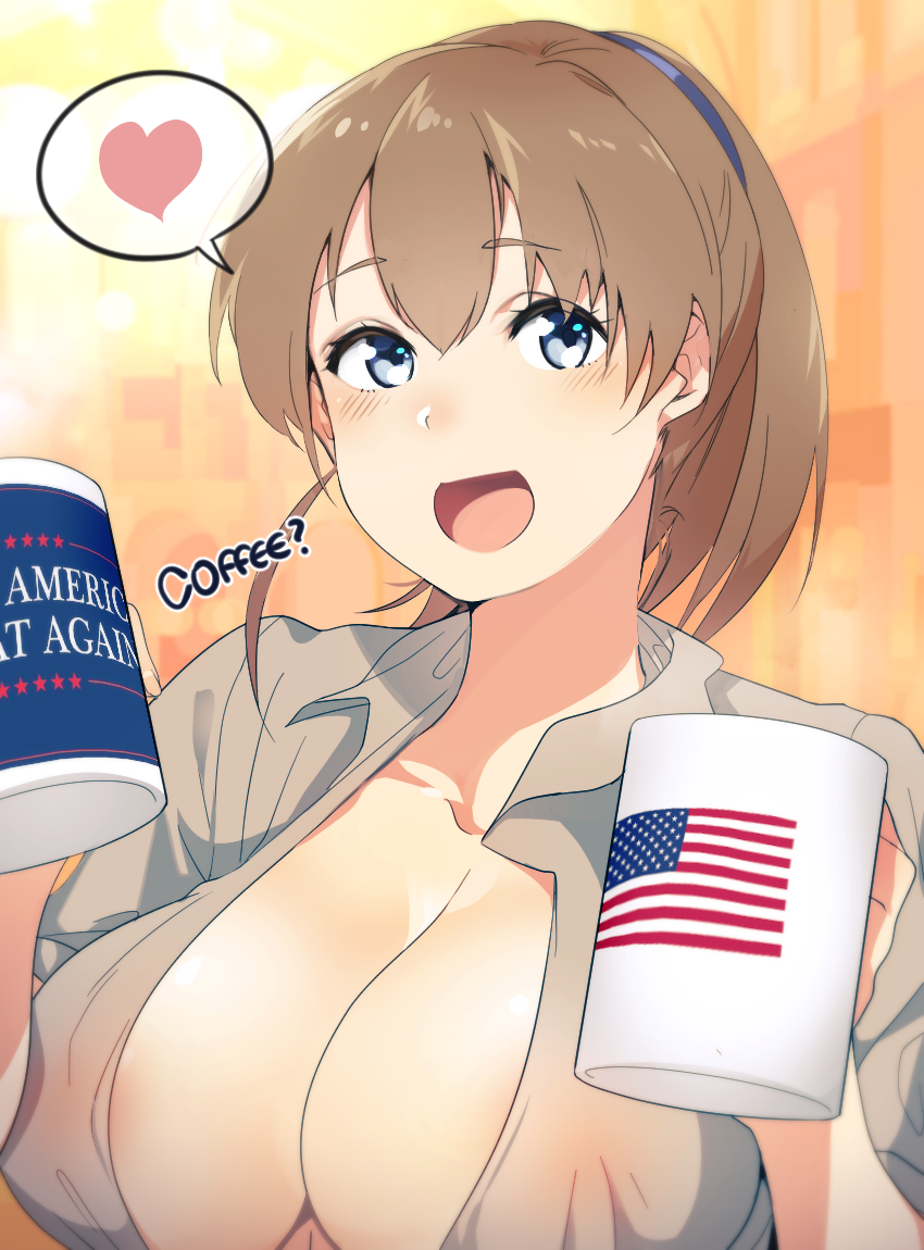 1girl american_flag areola_slip areolae bangs bitchcraft123 blue_eyes blush breasts brown_hair cleavage coffee coffee_mug cup eyebrows_visible_through_hair hair_between_eyes heart holding holding_cup intrepid_(kantai_collection) kantai_collection large_breasts make_america_great_again mug open_clothes open_mouth open_shirt ponytail shirt short_hair short_sleeves solo