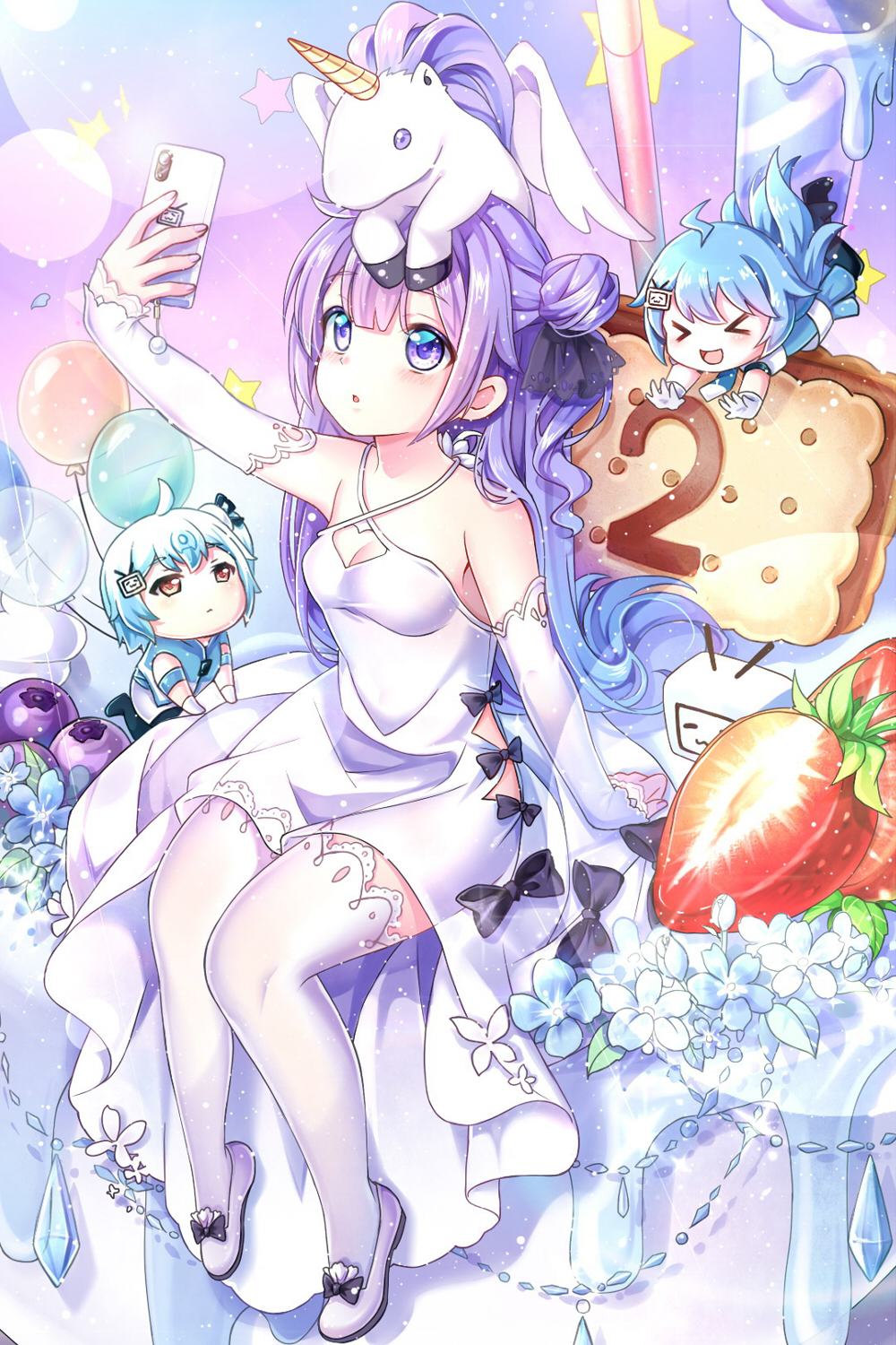 &gt;_&lt; 3girls :d arm_support azur_lane balloon bangs bili_girl_22 bili_girl_33 bilibili_douga black_bow black_ribbon blue_flower blue_hair blue_shirt blue_skirt blueberry blush bow breasts brown_eyes cellphone chibi cleavage closed_eyes closed_mouth commentary_request criss-cross_halter crossover detached_sleeves dress eyebrows_visible_through_hair fingernails flower food fruit full_body gradient_hair gyaza hair_between_eyes hair_bun hair_ribbon halterneck heart_cutout highres holding holding_cellphone holding_phone long_hair long_sleeves minigirl multicolored_hair multiple_girls on_head one_side_up open_mouth outstretched_arm parted_lips phone pleated_skirt puffy_short_sleeves puffy_sleeves purple_eyes purple_hair ribbon see-through shirt shoes short_sleeves side_bun sidelocks skirt sleeves_past_wrists small_breasts smile star strawberry stuffed_alicorn stuffed_animal stuffed_toy thighhighs unicorn_(azur_lane) very_long_hair white_dress white_footwear white_legwear white_sleeves xd