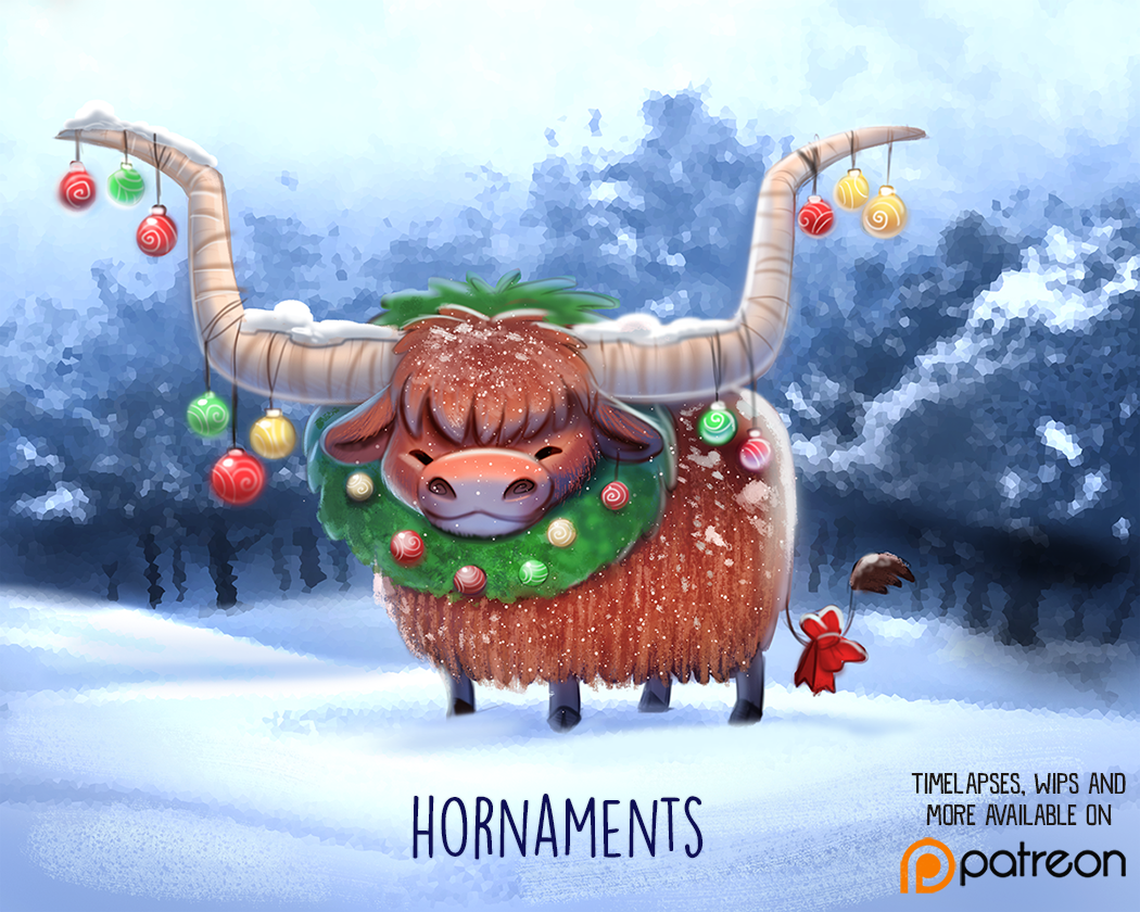 5:4 bovid bovine bow_tie christmas cryptid-creations holidays mammal ornaments snow tree wreath yak