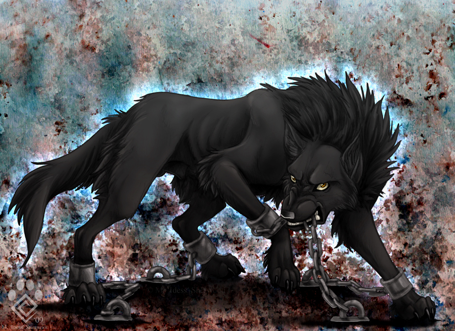 abstract_background angry animal_genitalia balls bared_teeth bite black_fur canid canine canis chain chained colorful_background detailed_background feral fully_sheathed fur idess looking_at_viewer male mammal restrained ribs shackles sheath skinny watermark wolf yellow_eyes