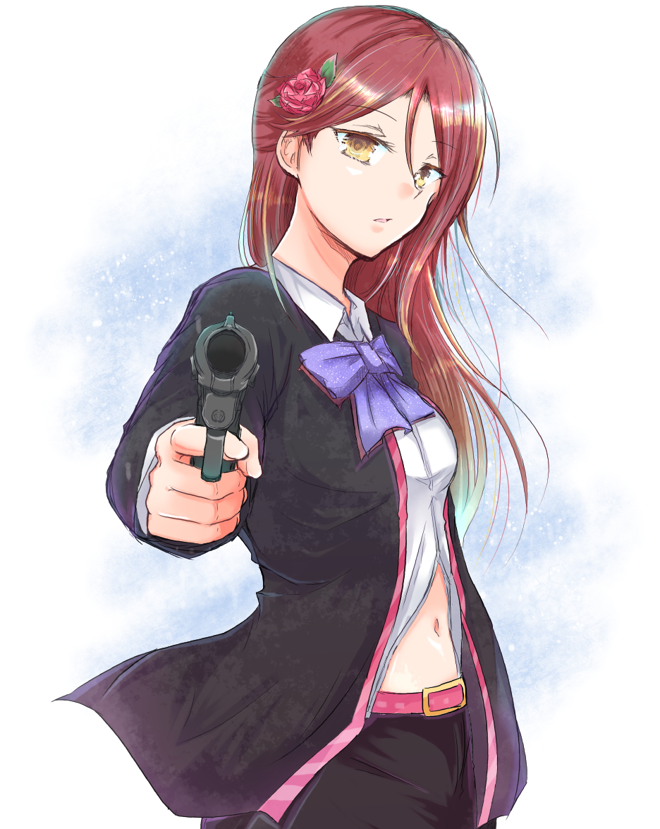 1girl belt belt_buckle black_jacket black_pants blue_neckwear brown_hair buckle collared_shirt dress_shirt eyebrows_visible_through_hair floating_hair flower guilty_kiss_(love_live!) gun hair_between_eyes hair_flower hair_ornament holding holding_gun holding_weapon hzk jacket long_hair looking_at_viewer love_live! love_live!_sunshine!! midriff navel open_clothes open_jacket pants parted_lips pink_belt red_flower red_rose rose sakurauchi_riko shiny shiny_hair shirt solo standing stomach weapon white_background white_shirt wing_collar yellow_eyes