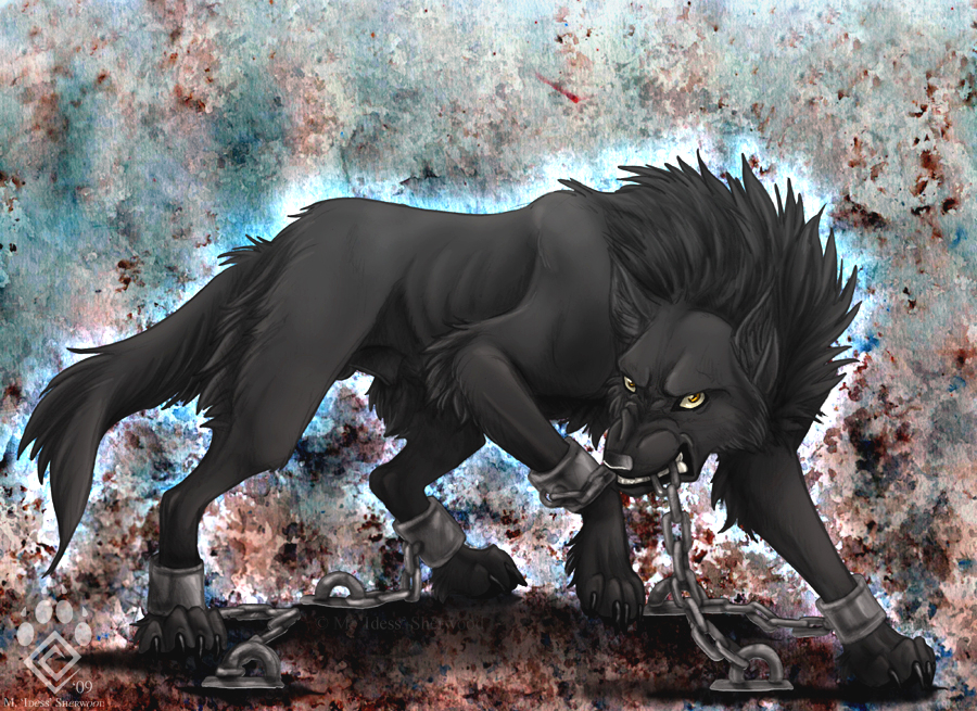 abstract_background angry animal_genitalia balls bared_teeth bite black_fur canid canine canis chain chained colorful_background detailed_background feral fully_sheathed fur idess looking_at_viewer male mammal restrained ribs shackles sheath skinny watermark wolf yellow_eyes