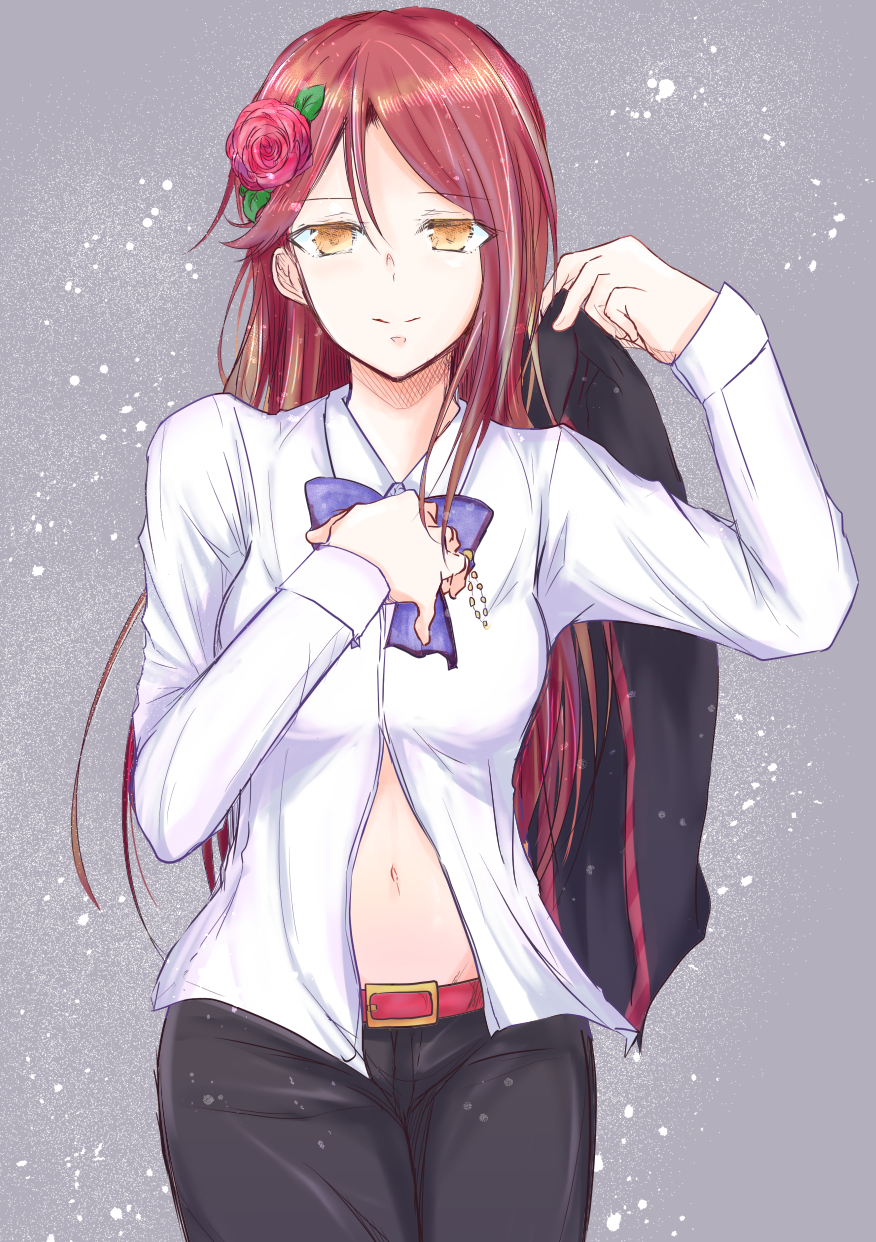 1girl belt belt_buckle black_jacket black_pants buckle collared_shirt cowboy_shot dress_shirt eyebrows_visible_through_hair flower grey_background guilty_kiss_(love_live!) hair_between_eyes hair_flower hair_ornament highres holding holding_jacket hzk jacket jacket_removed long_hair long_sleeves looking_at_viewer love_live! love_live!_sunshine!! midriff navel pants red_belt red_flower red_hair red_rose rose sakurauchi_riko shiny shiny_hair shirt solo standing stomach straight_hair very_long_hair white_shirt wing_collar yellow_eyes