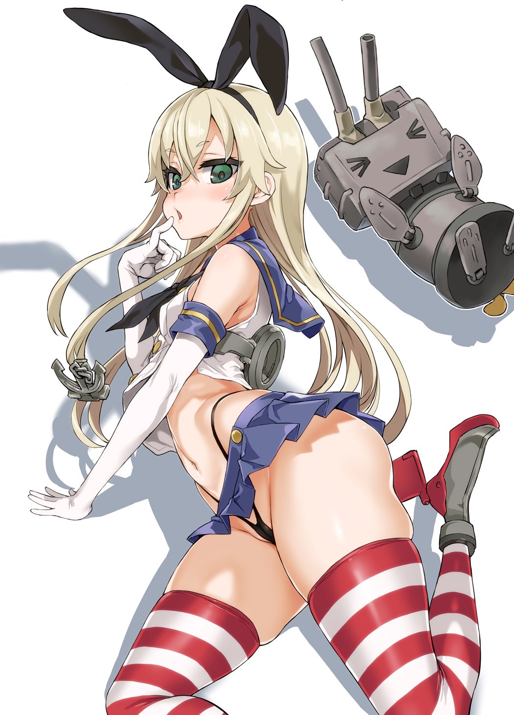 &gt;_&lt; 1girl 1other :o anchor anchor_hair_ornament arm_support asanagi bangs bare_shoulders black_hairband black_neckwear black_panties blonde_hair blue_sailor_collar blue_skirt commentary crop_top elbow_gloves eyebrows_visible_through_hair feet_out_of_frame finger_to_mouth from_above gloves green_eyes groin hair_between_eyes hair_ornament hairband hand_up highleg highleg_panties highres kantai_collection long_hair looking_at_viewer lying microskirt navel on_side panties partially_visible_vulva pleated_skirt red_legwear rensouhou-chan sailor_collar shadow shimakaze_(kantai_collection) short_eyebrows sidelocks simple_background skindentation skirt solo stomach striped striped_legwear thighhighs thighs tsurime two-tone_legwear underwear white_background white_gloves white_legwear