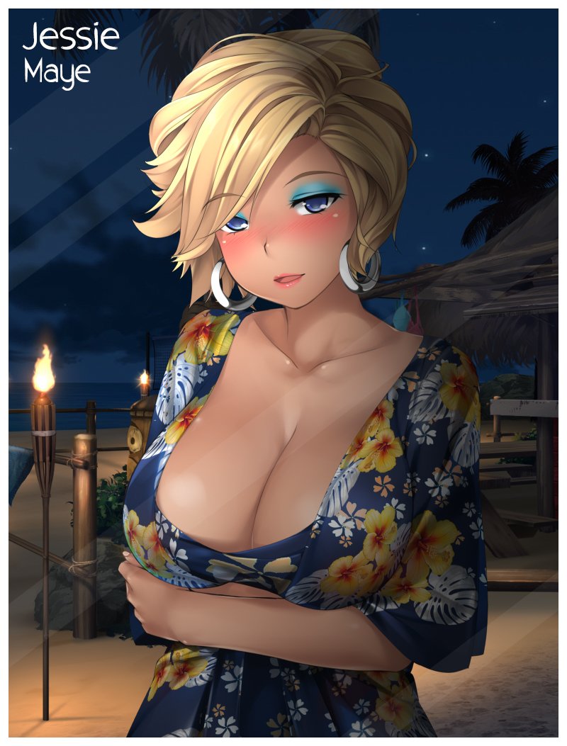 1girl beach blonde_hair blouse blue_eyes breasts character_name cleavage floral_print huniepop huniepop_2 jessie_maye kopianget large_breasts mature night night_sky official_art short_hair sky solo tan torch