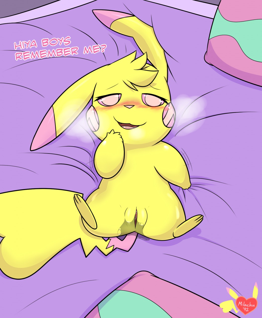 bed bedroom_eyes blush cleft_tail fan_character female feral fur half-closed_eyes hi_res looking_at_viewer milachu milachu92 nintendo open_mouth pikachu pillow pok&eacute;mon pok&eacute;mon_(species) presenting presenting_pussy pussy pussy_juice seductive smile solo spread_legs spreading thick_thighs tongue video_games wide_hips