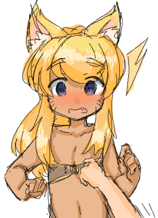 5_fingers animal_humanoid blonde_hair blue_eyes blush canid canid_humanoid canine canine_humanoid cute_fangs dog_humanoid female hair humanoid liru looking_at_viewer mammal mammal_humanoid navel open_mouth questionable_age renkin_3-kyuu_magical?_pokahn rori_(artist) simple_background surprise tan_skin tongue white_background young