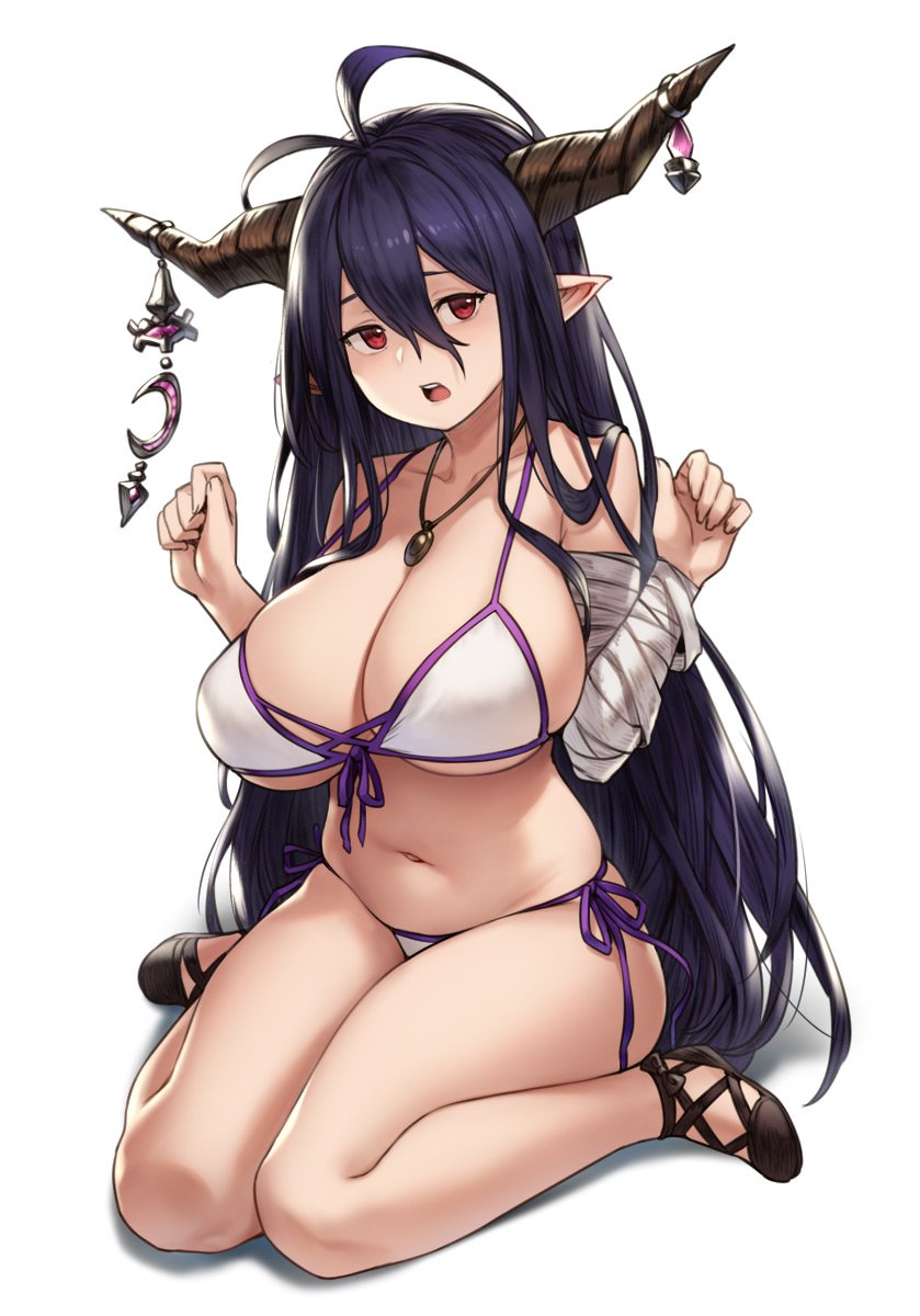 1girl antenna_hair bandaged_arm bandages bangs bare_shoulders bikini breasts brown_footwear collarbone commentary crescent danua draph front-tie_top granblue_fantasy hair_between_eyes hands_up highres horn_ornament horns houtengeki huge_breasts jewelry long_hair looking_at_viewer navel necklace open_mouth pointy_ears purple_hair red_eyes side-tie_bottom simple_background sitting solo stomach swimsuit teeth thighs tsurime upper_teeth very_long_hair wariza white_background white_bikini