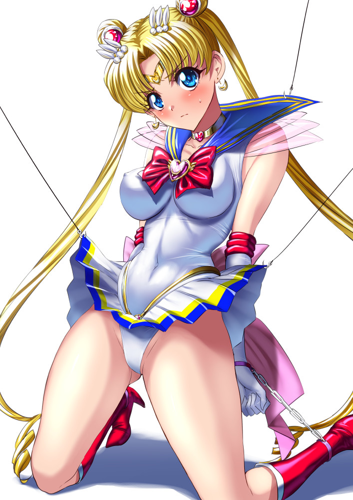 1girl back_bow bdsm bishoujo_senshi_sailor_moon blonde_hair blue_eyes blue_sailor_collar bondage boots bound bow chain choker commentary_request double_bun elbow_gloves gloves gold_choker hair_ornament heart heart_choker highleg highleg_leotard impossible_clothes impossible_leotard kneeling leotard long_hair multicolored multicolored_clothes multicolored_skirt pleated_skirt red_bow red_footwear restrained sailor_collar sailor_moon sen_(sansui) simple_background skirt solo super_sailor_moon tiara tsukino_usagi white_background white_gloves white_leotard