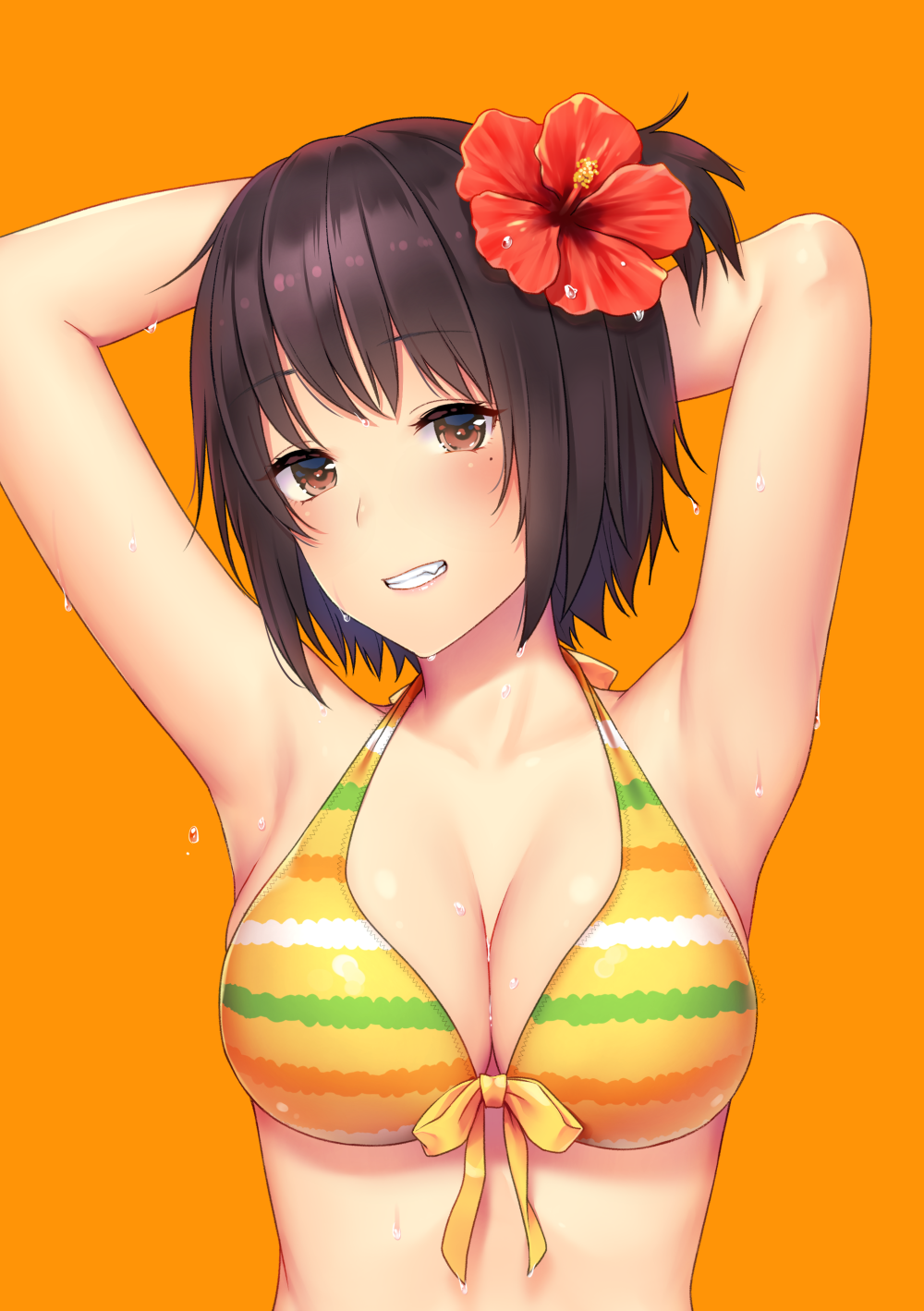 1girl armpits arms_behind_head arms_up bangs bare_arms bare_shoulders bikini blush bow bow_bikini breasts brown_eyes brown_hair cleavage collarbone commentary_request daidai_jamu eyebrows_visible_through_hair fang flower front-tie_top grin hair_flower hair_ornament halter_top halterneck hibiscus highres large_breasts looking_at_viewer mole mole_under_eye one_side_up orange_background original red_flower simple_background smile solo striped striped_bikini swimsuit upper_body wet wet_hair yellow_bikini yellow_bow