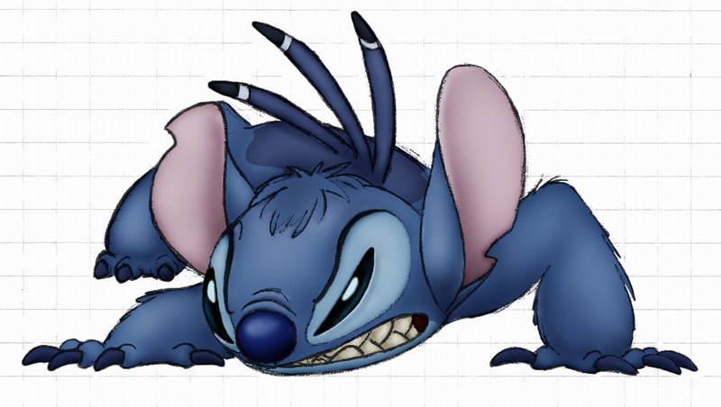 2006 4_fingers alien all_fours angry back_markings back_spines blue_claws blue_eyes blue_fur blue_nose claws clenched_teeth digital_media_(artwork) disney experiment_(species) fur grid_background growling head_tuft lilo_and_stitch markings nighteengail notched_ear simple_background solo stitch teeth toe_claws tuft white_background
