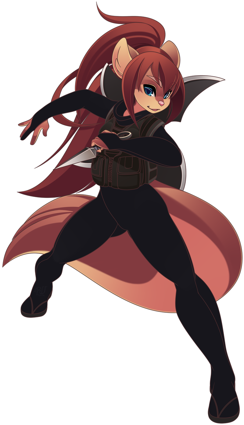 2019 4_fingers alpha_channel ambiguous_gender anthro blue_eyes brown_fur brown_hair digital_media_(artwork) fighting_stance fur hair hi_res holding_object holding_weapon kunai long_hair looking_at_viewer mammal phation ponytail simple_background solo transparent_background weapon
