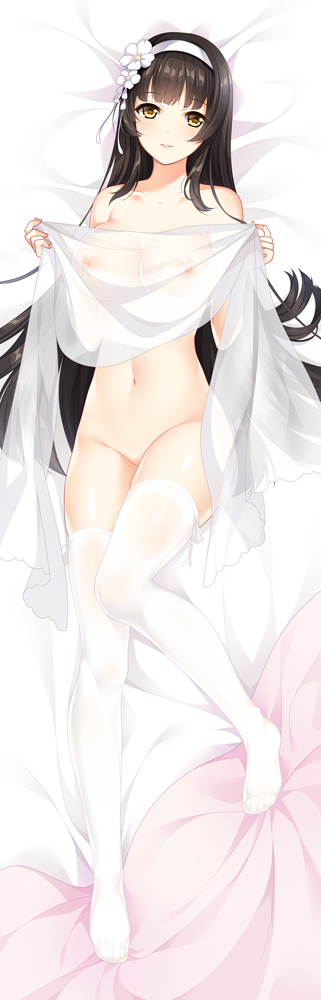 1girl bed_sheet breasts brown_hair collarbone dakimakura eyebrows_visible_through_hair flower full_body girls_frontline hair_flower hair_ornament hairband knees_together_feet_apart large_breasts long_hair looking_at_viewer lying midriff navel nipples no_panties on_back qbz-95_(girls_frontline) see-through smile solo thighhighs topless veil verjuice white_legwear yellow_eyes