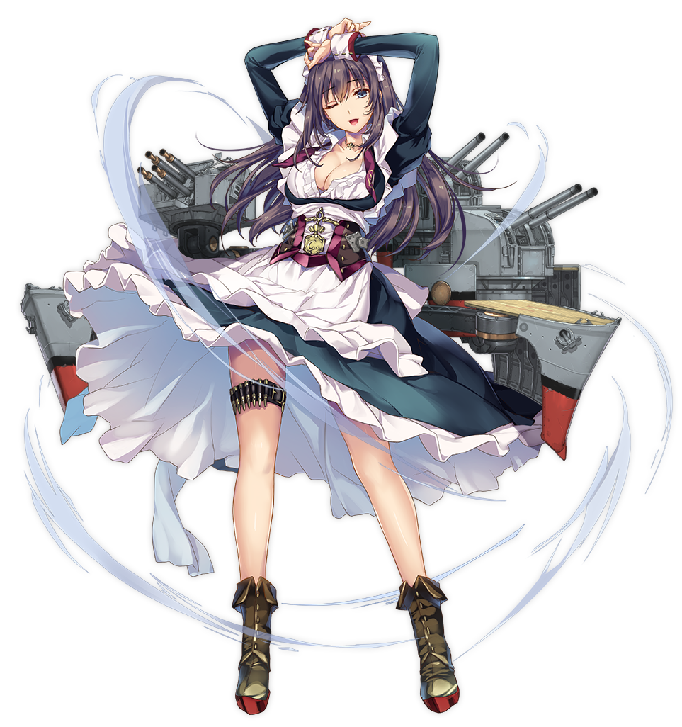1girl ;d ammunition_belt apron arms_up azur_lane bangs blue_eyes blush boots breasts brown_footwear cannon cleavage curacao_(azur_lane) dress frills full_body jewelry juliet_sleeves large_breasts long_hair long_sleeves maid maid_headdress moneti_(daifuku) necklace official_art one_eye_closed open_mouth partially_unbuttoned puffy_sleeves purple_hair remodel_(azur_lane) rigging rudder_footwear sidelocks smile solo thigh_strap transparent_background turret watermark wind wind_lift