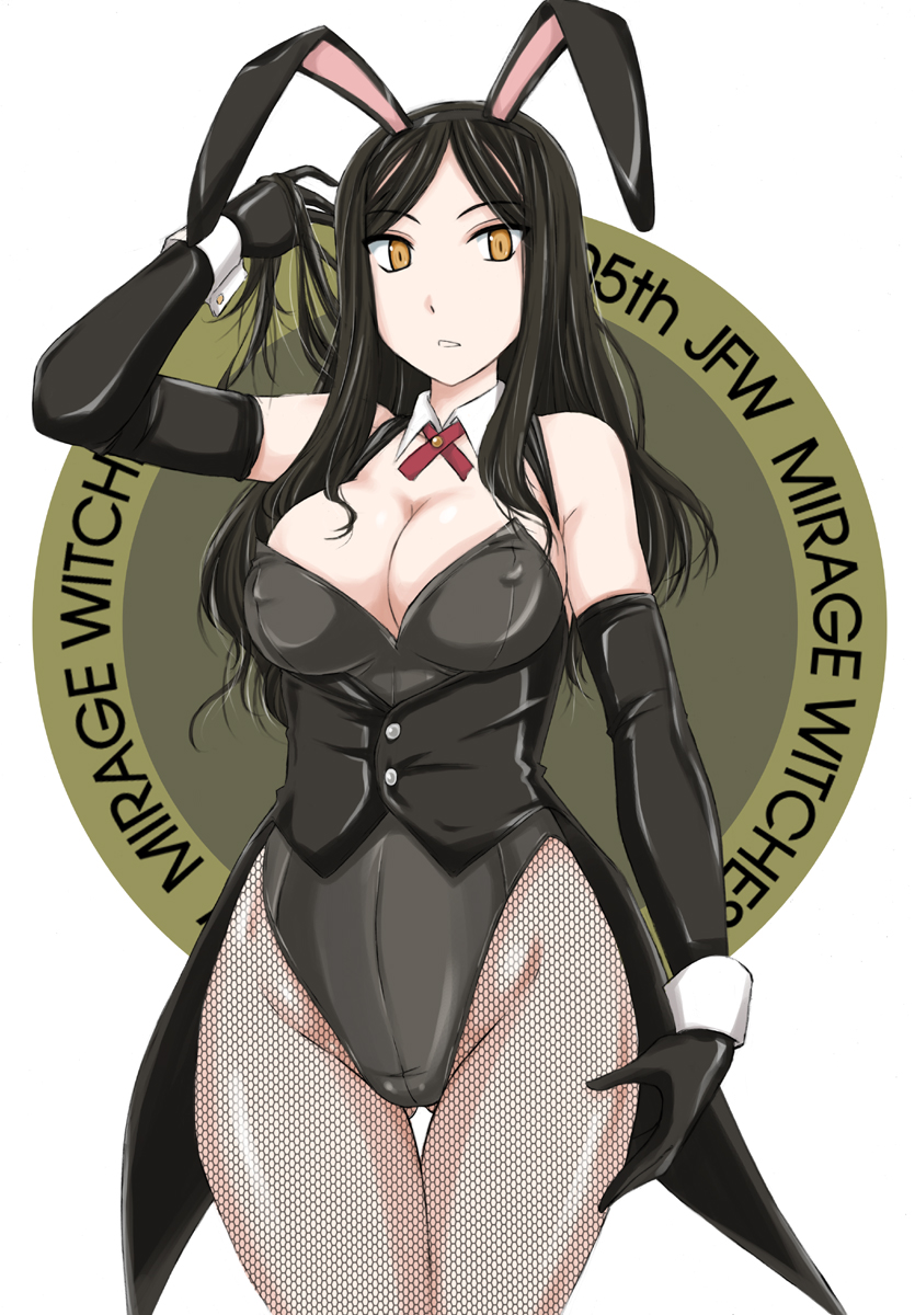 1girl 505th_joint_fighter_wing_(emblem) animal_ears arm_up ass_visible_through_thighs bangs black_gloves black_hair black_legwear black_leotard breasts bunny_ears bunnysuit cleavage coattails collar commentary constantia_cantacuzino covered_nipples cowboy_shot detached_collar elbow_gloves english_text fake_animal_ears fishnet_pantyhose fishnets gloves groin hand_in_hair highres large_breasts leotard long_hair looking_at_viewer neck_ribbon orange_eyes pantyhose parted_lips ribbon solo standing strapless strapless_leotard swept_bangs thigh_gap thighs underbust wan'yan_aguda white_collar white_ribbon wing_collar world_witches_series wrist_cuffs