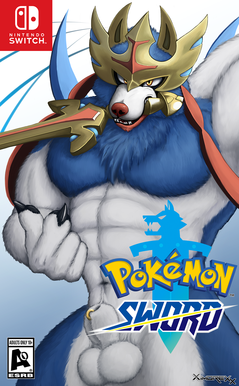 2019 abs animal_genitalia anthro anthrofied balls canid canine cover fully_sheathed fur hi_res holding_object holding_weapon legendary_pok&eacute;mon logo looking_at_viewer male mammal melee_weapon muscular navel nintendo nintendo_switch pecs piercing pok&eacute;mon pok&eacute;mon_(species) pok&eacute;morph sheath smile solo sword video_game_cover video_games weapon ximorexx zacian