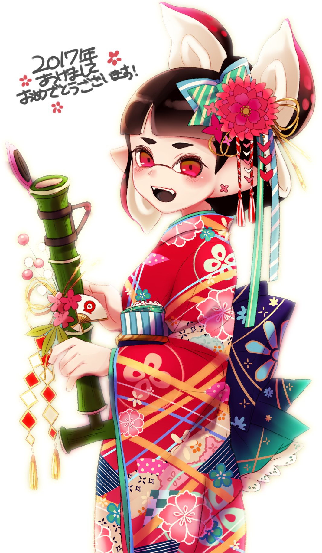 1girl 2017 akeome bamboozler_14_(splatoon) bangs black_hair blunt_bangs commentary domino_mask earrings fangs floral_print from_side furisode hair_ornament hair_up happy_new_year highres holding holding_weapon inkling japanese_clothes jewelry kimono light_blush logo mask mimimi_(echonolog) new_year obi pointy_ears print_kimono red_eyes red_kimono sash simple_background solo splatoon_(series) splatoon_2 translated weapon white_background wide_sleeves