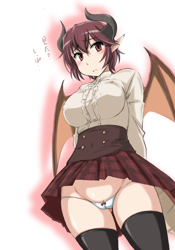 1girl arms_behind_back ass_visible_through_thighs bangs black_legwear blush bow_(weapon) cameltoe commentary_request crotch_seam dragon_horns dragon_wings dress_shirt eyebrows_visible_through_hair frown grea_(shingeki_no_bahamut) groin horns long_sleeves looking_at_viewer lowleg lowleg_panties manaria_friends microskirt open_mouth panties partial_commentary plaid plaid_skirt pleated_skirt pointy_ears purple_hair pussy_peek red_eyes red_skirt shingeki_no_bahamut shirt short_hair simple_background skindentation skirt solo standing thighhighs thighs underwear wan'yan_aguda weapon white_background white_panties white_shirt wings