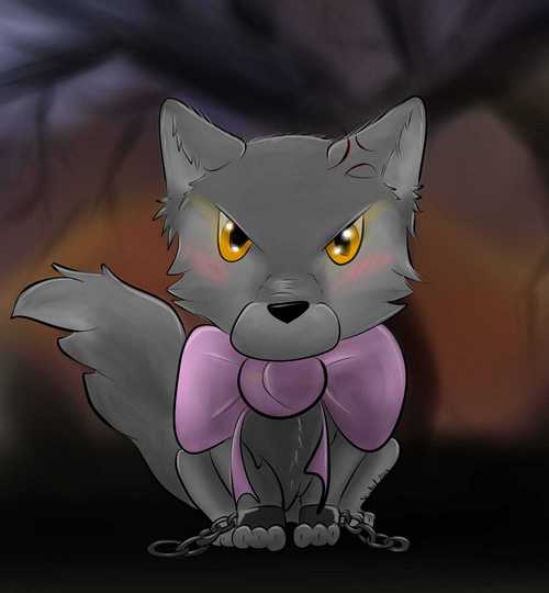 2019 angry blush bow_tie canid canine canis chain digital_media_(artwork) european_mythology fenrir_(disambiguation) fur grey_fur legend looking_at_viewer mammal mythology norse_mythology pink_bow_tie quadruped sa-chat simple_background sitting solo wolf yellow_eyes