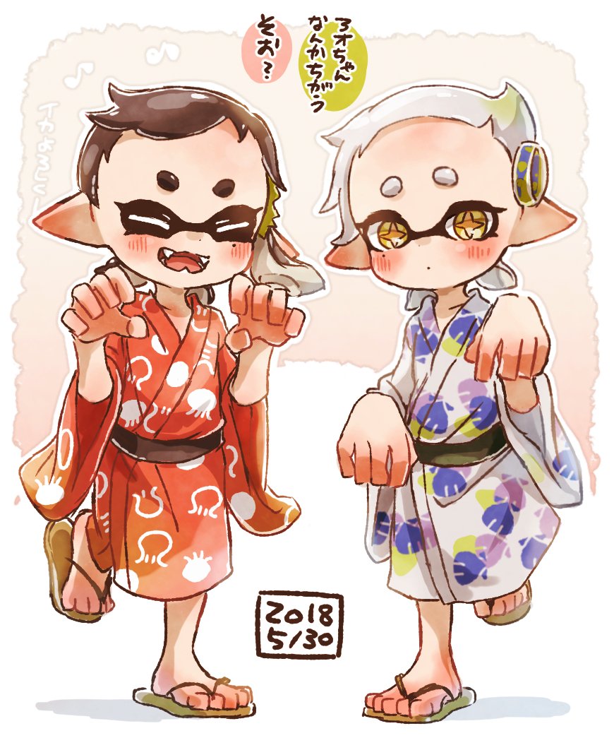 +_+ 2girls aori_(splatoon) black_hair blush brown_eyes child claw_pose closed_eyes commentary cousins dated domino_mask eighth_note facing_viewer fangs grey_hair hair_ornament harutarou_(orion_3boshi) hotaru_(splatoon) japanese_clothes kimono leg_up looking_at_viewer mask medium_hair mole mole_under_eye multiple_girls musical_note open_mouth pointy_ears print_kimono red_kimono sandals sash shadow short_hair smile splatoon_(series) splatoon_1 squid_pose standing standing_on_one_leg tentacle_hair translated very_short_hair white_kimono wide_sleeves younger