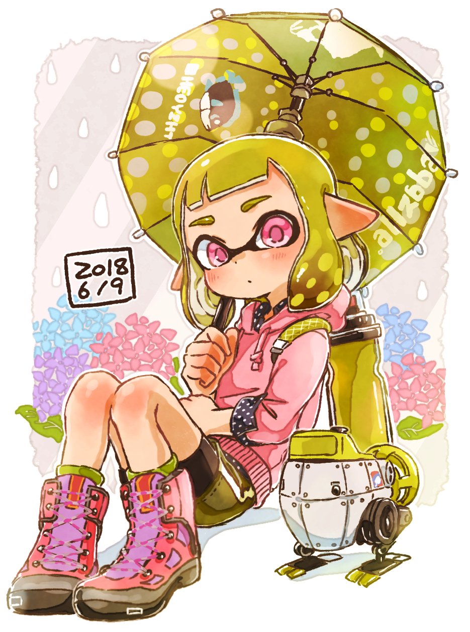 1girl ankle_boots autobomb_(splatoon) bangs black_shorts black_skirt blunt_bangs boots closed_mouth commentary cross-laced_footwear domino_mask drawstring flower green_hair harutarou_(orion_3boshi) highres holding holding_umbrella holding_weapon hood hoodie ink_tank_(splatoon) inkling inkling_(language) lace-up_boots leaning_back light_frown logo long_sleeves looking_at_viewer mask miniskirt pink_footwear pink_shirt pointy_ears polka_dot print_skirt purple_eyes rain shadow shirt shorts shorts_under_skirt single_vertical_stripe sitting skirt solo splat_brella_(splatoon) splatoon_(series) splatoon_2 tentacle_hair umbrella weapon
