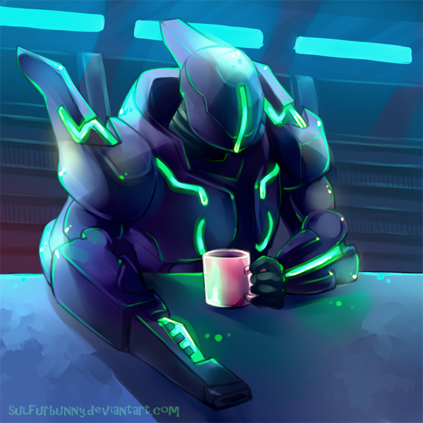 1:1 ambiguous_gender beverage coffee cup machine metroid metroid_prime metroid_prime_hunters nintendo not_furry robot sitting solo sulfurbunny sylux_(metroid) video_games