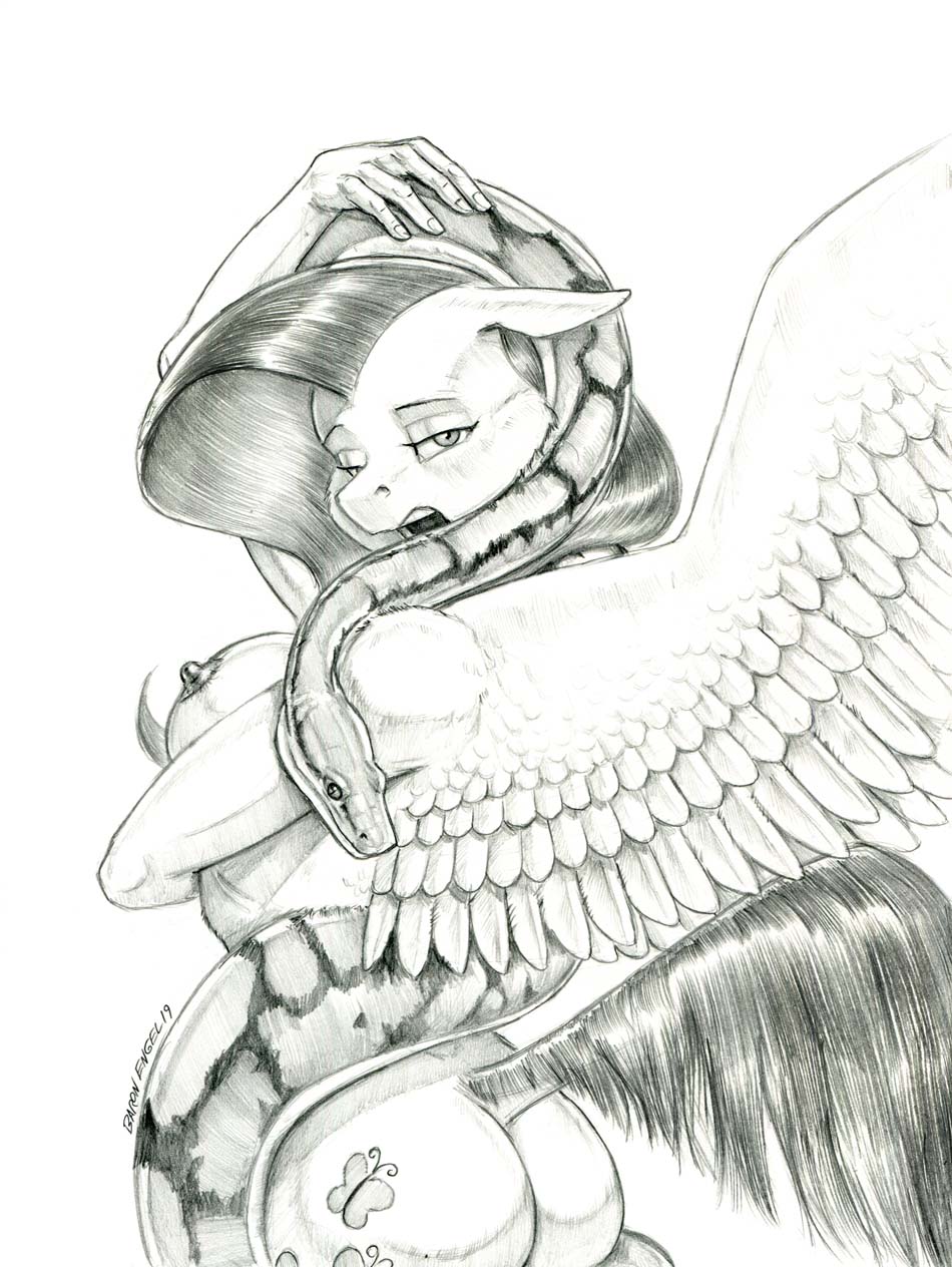 2019 anthro anthrofied baron_engel breasts butt cutie_mark dock duo equid equine female fluttershy_(mlp) friendship_is_magic hi_res looking_at_viewer mammal monochrome my_little_pony nipples nude pterippus python raised_tail reptile scalie side_boob simple_background snake thick_thighs traditional_media_(artwork) white_background wings