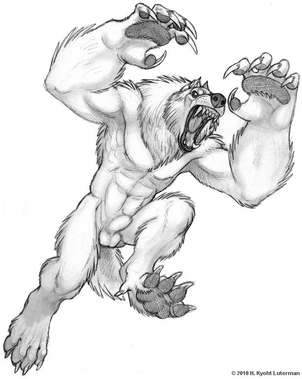 animal_genitalia balls canid canine canis claws fangs fully_sheathed hindpaw kyoht leaping male mammal osborne pawpads paws roaring sheath simple_background sketch solo were werecanid werecanine werewolf white_background wolf