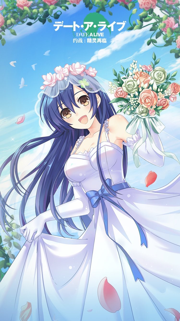 1girl blue_hair date_a_live dress flower genderswap genderswap_(mtf) highres itsuka_shiori jpeg_artifacts watermark wedding_dress