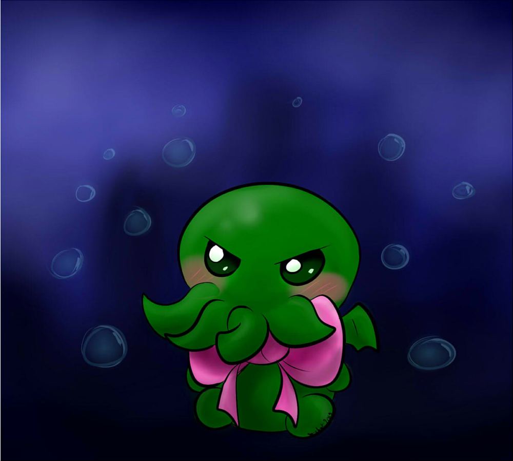 2019 anthro blush bow_tie bubble cephalopod chibi chthulhu chthulhu_mythos digital_media_(artwork) green_eyes green_skin h.p._lovecraft looking_at_viewer marine mollusk octopus pink_bow_tie sa-chat simple_background solo tentacles wings