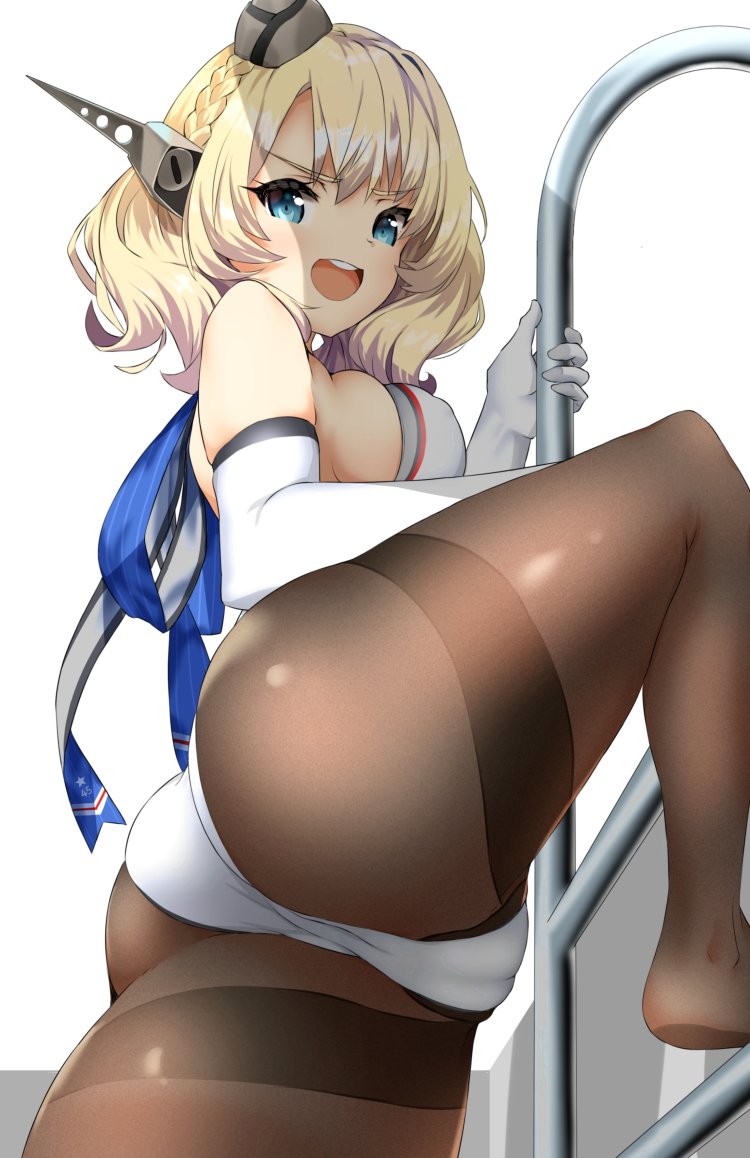 1girl alternate_costume ass bangs bare_shoulders blonde_hair blue_eyes blush breasts brown_legwear c@rbon cameltoe colorado_(kantai_collection) commentary_request competition_swimsuit cowboy_shot elbow_gloves eyebrows_visible_through_hair from_below garrison_cap gloves hair_between_eyes hat headgear highleg highleg_swimsuit kantai_collection large_breasts leg_up legs looking_at_viewer one-piece_swimsuit open_mouth pantyhose pantyhose_under_swimsuit partially_visible_vulva pool_ladder ribbon short_hair side_braids sideboob skindentation smile solo standing swimsuit thighband_pantyhose thighhighs thighs white_swimsuit