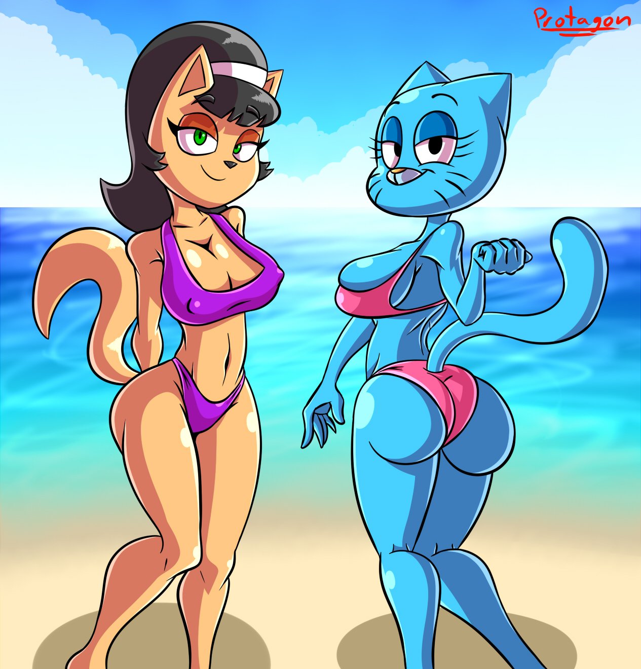 anthro beach big_breasts big_butt bikini blue_fur breasts butt cartoon_network cleavage clothed clothing domestic_cat duo felid feline felis female fur green_eyes hi_res kitty_katswell looking_at_viewer looking_back mammal mature_female navel nickelodeon nicole_watterson protagon rear_view seaside signature swimwear t.u.f.f._puppy the_amazing_world_of_gumball voluptuous wide_hips