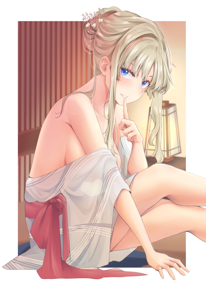 1girl blonde_hair blue_eyes breasts commentary_request darling_in_the_franxx finger_to_mouth flower hair_flower hair_ornament index_finger_raised japanese_clothes kimono kokoro_(darling_in_the_franxx) kyarotto_(zenkixd) lamp large_breasts legs long_hair looking_at_viewer sitting solo