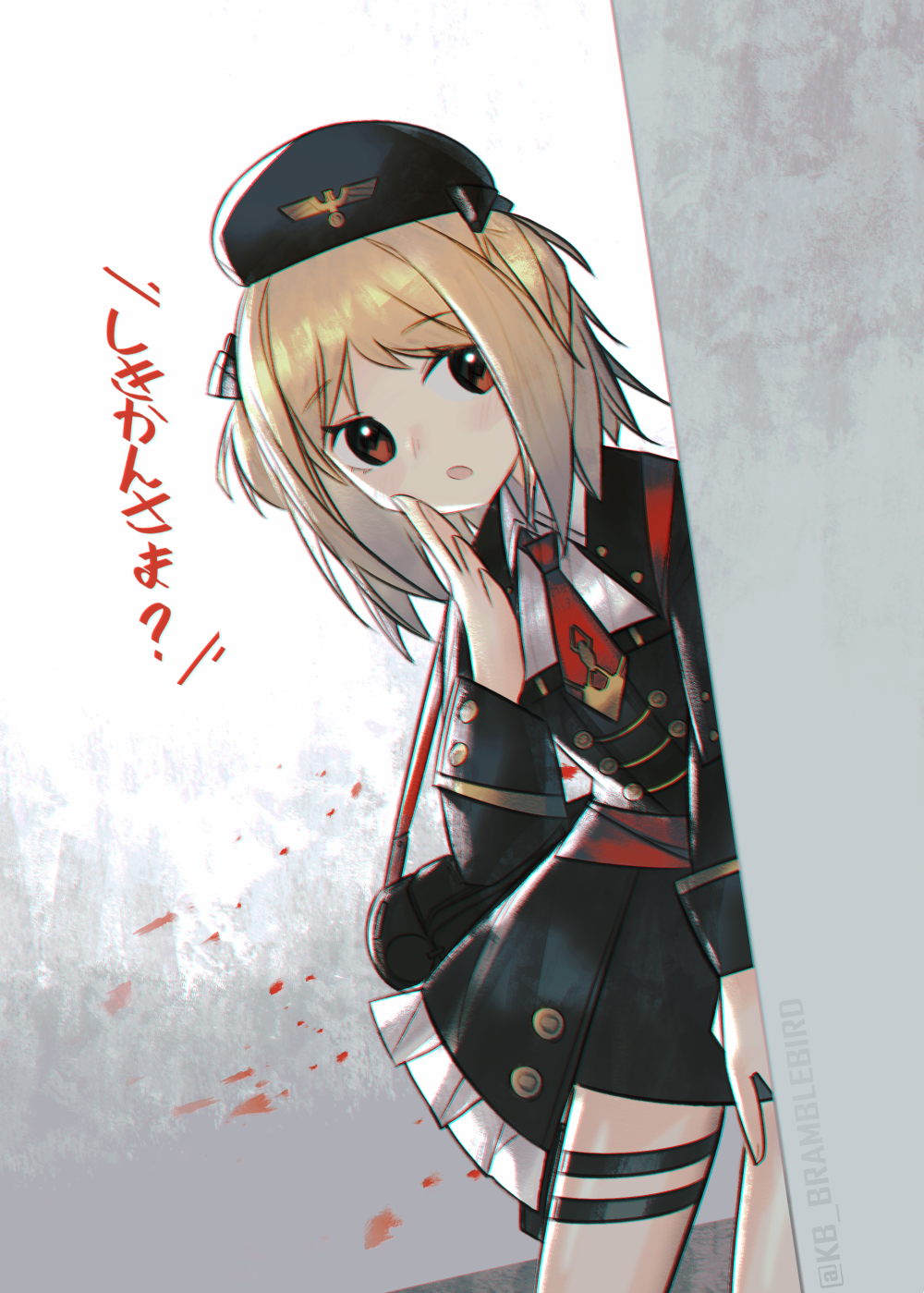 1girl :o aiguillette ambiguous_red_liquid bad_hands bangs black_bow black_coat black_headwear black_skirt blonde_hair blush bow chromatic_aberration collared_shirt commentary_request cowboy_shot double-breasted error eyebrows_visible_through_hair girls_frontline gold_trim gun hair_bow hand_up hat highres kky long_sleeves military military_hat military_uniform mp40 mp40_(girls_frontline) necktie peeking_out red_eyes red_neckwear shirt short_hair skirt submachine_gun thigh_strap translated two_side_up uniform wall weapon white_shirt