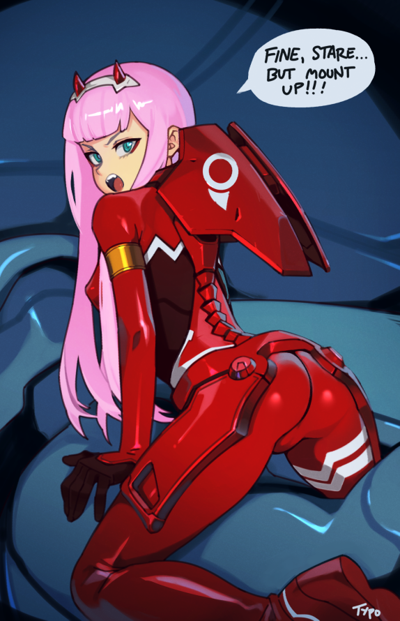 1girl angry arched_back arm_support armlet artist_name ass bangs blunt_bangs bodysuit breasts cameltoe commentary covered_nipples darling_in_the_franxx english_commentary english_text fangs green_eyes hairband long_hair looking_at_viewer looking_back medium_breasts open_mouth perky_breasts pink_hair red_bodysuit red_horns solo speech_bubble typo_(requiemdusk) v-shaped_eyebrows white_hairband zero_two_(darling_in_the_franxx)
