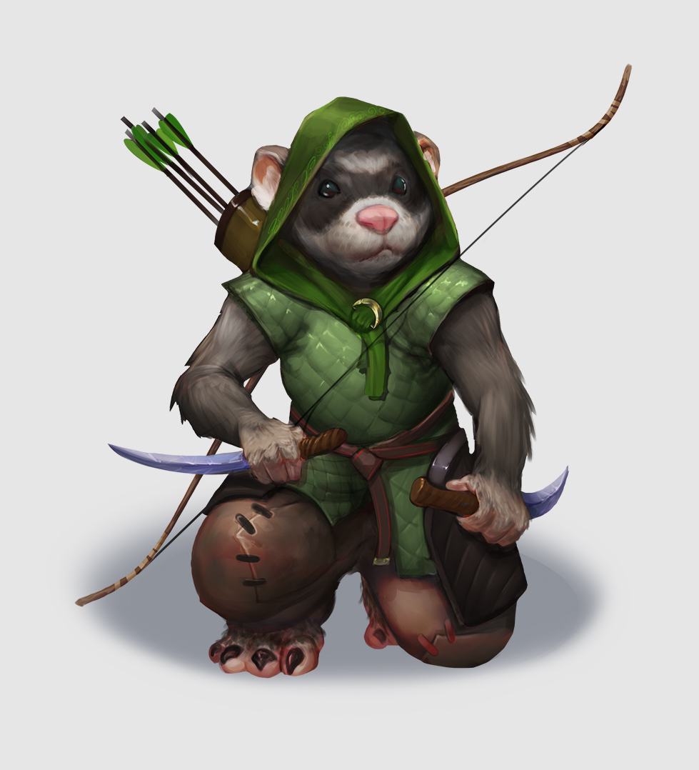 2018 4_fingers 4_toes agentnoms anthro arrow barefoot bottomwear bow clothing dagger digital_media_(artwork) domestic_ferret dual_wielding holding_object holding_weapon hood kneeling male mammal melee_weapon mustela mustelid musteline pants pink_nose shirt simple_background solo toes topwear weapon white_background