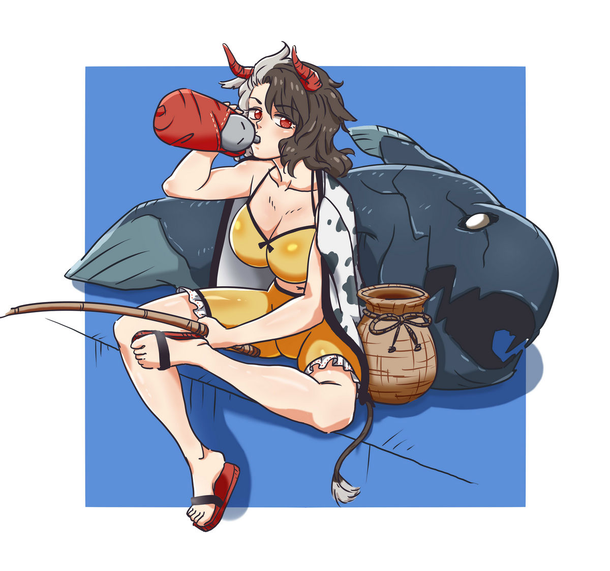 1girl animal_ears animal_print artist_request bikini_top black_hair blue_background breasts canteen cleavage collarbone cow_ears cow_print cow_tail drinking dunkleosteus fish fishing fishing_rod frilled_shorts frills grey_hair haori horns japanese_clothes jug large_breasts looking_at_viewer midriff multicolored multicolored_background multicolored_hair navel oni_horns prehistoric_animal red_eyes red_horns sandals shorts sitting solo tail touhou two-tone_hair ushizaki_urumi white_background yellow_bikini_top yellow_shorts