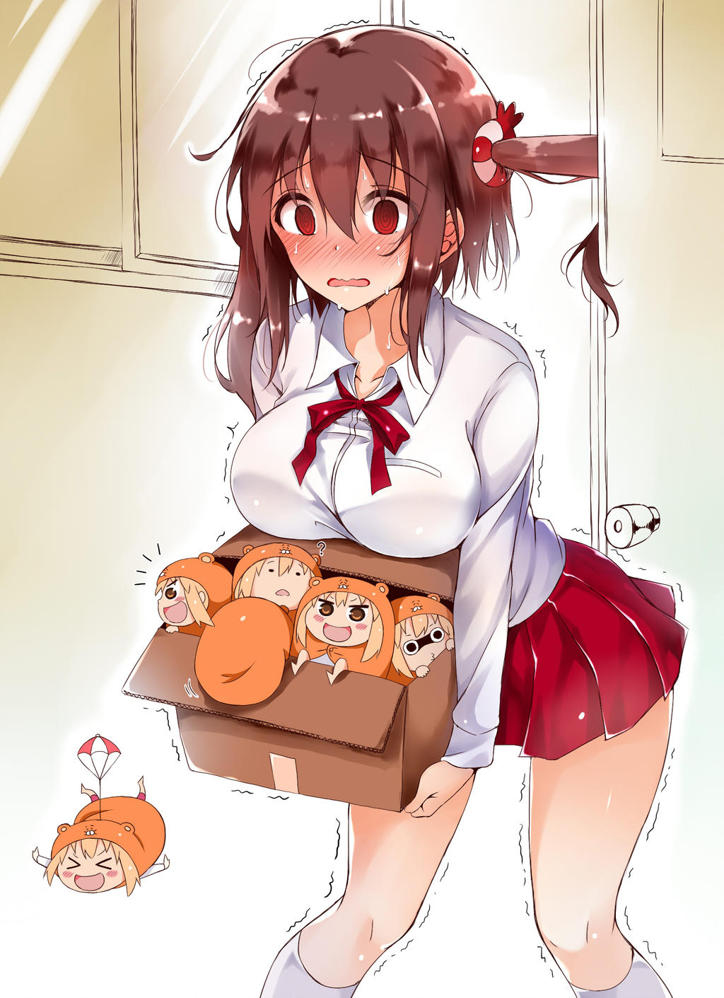&gt;_&lt; /\/\/\ 6+girls :d ? blush blush_stickers box breasts brown_eyes brown_hair buttons carrying chesstitan collarbone d: doma_umaru door doorknob ebina_nana hair_ornament hamster_costume hamster_hood highres himouto!_umaru-chan kneehighs komaru large_breasts legs_up minigirl multiple_girls open_mouth outstretched_arms parachute red_eyes red_skirt shaking skirt smile sweat sweatdrop thighs wavy_mouth white_legwear window xd