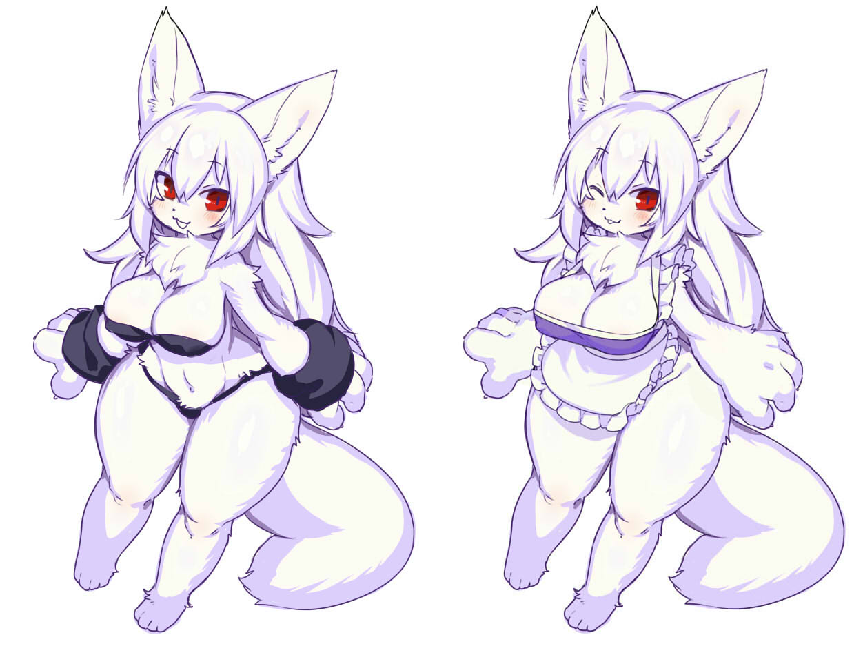 anthro apron big_breasts blush breasts chest_tuft cleavage clothed clothing felid feline female kishibe mammal nipple_outline one_eye_closed tuft wide_hips wink