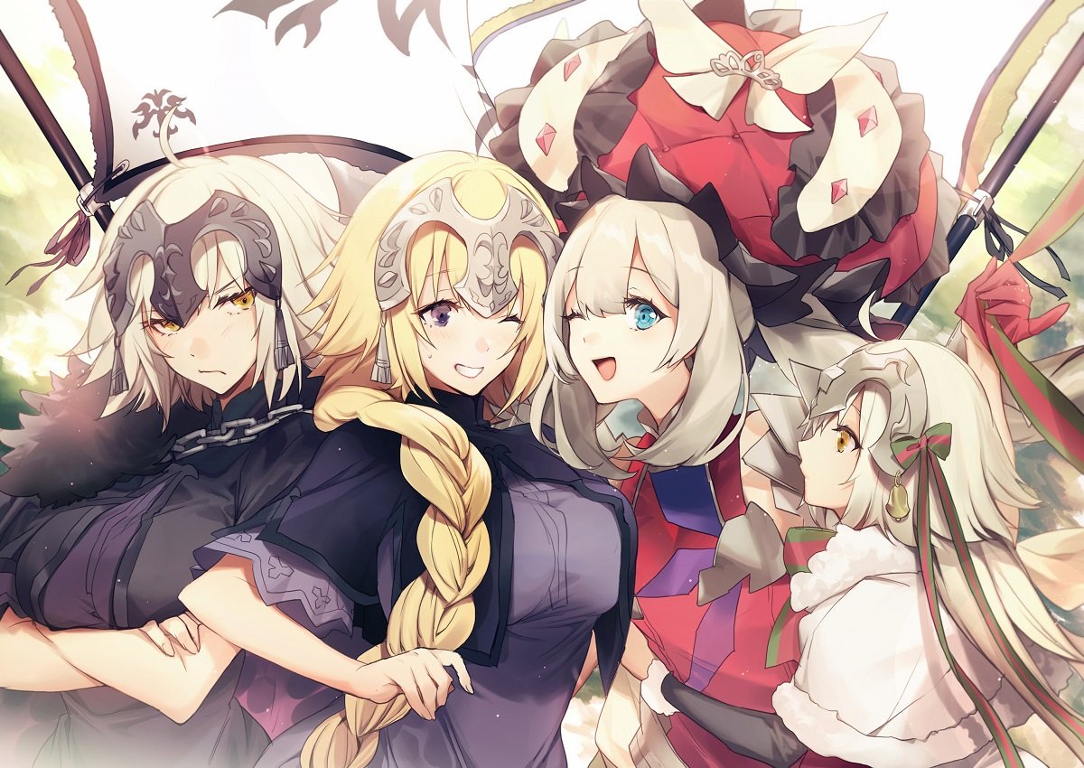 4girls ahoge blonde_hair blue_eyes braid cropped_jacket crossed_arms eyebrows_visible_through_hair fate/grand_order fate_(series) flag frown gloves hair_ornament hat headdress jeanne_d'arc_(alter)_(fate) jeanne_d'arc_(fate) jeanne_d'arc_(fate)_(all) jeanne_d'arc_alter_santa_lily long_hair marie_antoinette_(fate/grand_order) multiple_girls no-kan one_eye_closed open_mouth purple_eyes short_hair single_braid smile sweatdrop yellow_eyes