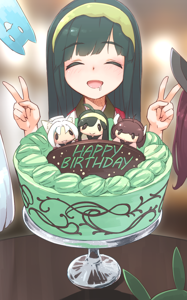 3girls bangs blush brown_hair cake cat character_doll double_v drooling english eyebrows_visible_through_hair eyes_closed facing_viewer food green_hair green_hairband hairband happy_birthday long_hair mint multiple_girls nose_blush solo_focus touhoku_itako touhoku_kiritan touhoku_zunko twintails v voiceroid white_hair yamadori_enka