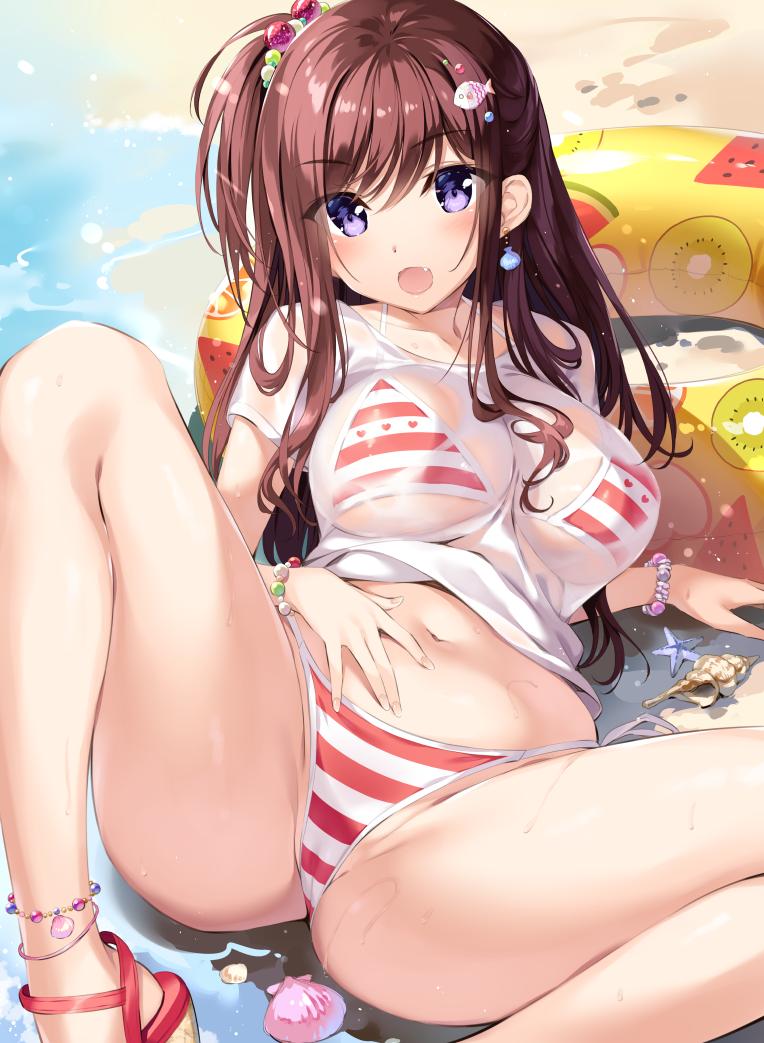 1girl :o ass bare_legs beach bead_bracelet beads bikini boku_no_kanojo_sensei bracelet breasts brown_hair cleavage collarbone day earrings fang fish_hair_ornament fujiki_maka hair_bobbles hair_ornament halterneck innertube jewelry large_breasts long_hair looking_at_viewer navel one_side_up open_mouth oryou outdoors purple_eyes reclining red_bikini sand sandals see-through shell shirt shirt_lift short_sleeves sidelocks solo spread_legs starfish stomach striped striped_bikini swimsuit thighs water white_shirt