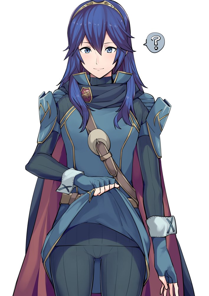 1girl a_meno0 blue_eyes blue_hair blush boots cape fingerless_gloves fire_emblem fire_emblem:_kakusei gloves hair_between_eyes lift long_hair looking_at_viewer lucina shirt_lift simple_background smile solo tiara