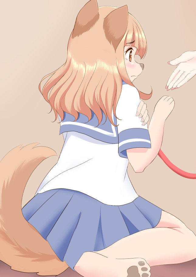 animal_humanoid animal_tail brown_eyes canid canid_humanoid canine canine_humanoid clothed clothing disembodied_hand female hair humanoid leash mammal mammal_humanoid nails orange_hair pawpads paws roina rosy_cheeks school_uniform sitting snout uniform unseen_character