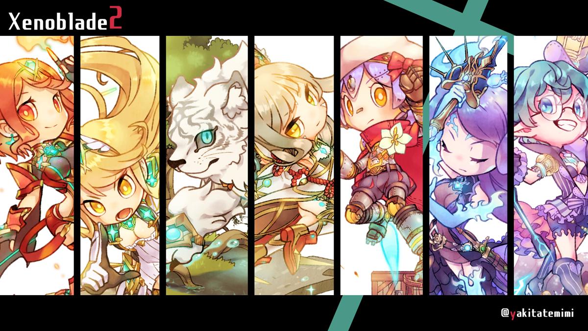 android animal animal_ears bangs blonde_hair breasts byakko_(xenoblade) cat_ears chibi closed_eyes collarbone covered_navel curly_hair dress earrings fingerless_gloves fire gem glasses gloves hana_(xenoblade) hat headpiece hikari_(xenoblade_2) homura_(xenoblade_2) jewelry kagutsuchi_(xenoblade) large_breasts long_hair looking_at_viewer mecha_musume medium_breasts multiple_girls niyah open_mouth orange_eyes pointy_ears purple_hair red_eyes red_hair red_shorts ribbon robot_joints saika_(xenoblade) short_hair shorts shoulder_armor silver_hair simple_background smile spoilers swept_bangs tiara tiger twintails xenoblade_(series) xenoblade_2 yakitatepannomimi yellow_eyes yellow_ribbon