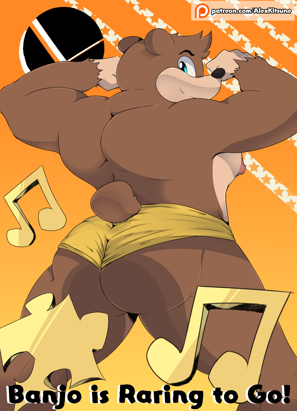 ! alex_kitsune anthro areola banjo-kazooie banjo_(banjo-kazooie) big_butt blue_eyes bottomwear brown_fur bubble_butt butt clothed clothing english_text flexing fur hi_res jiggy looking_at_viewer looking_back low-angle_view male mammal manly muscular nintendo nipples patreon presenting presenting_hindquarters rareware rear_view shorts simple_background smile solo standing super_smash_bros. super_smash_bros._ultimate text thick_thighs tight_clothing ursid video_games worm's-eye_view