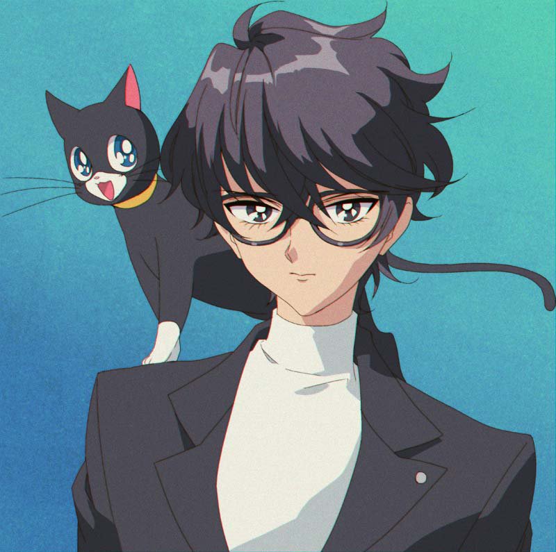 1boy 90s amamiya_ren black_eyes black_hair blazer blue_background blue_eyes cat collar glasses jacket mizu_cx morgana persona persona_5 school_uniform short_hair