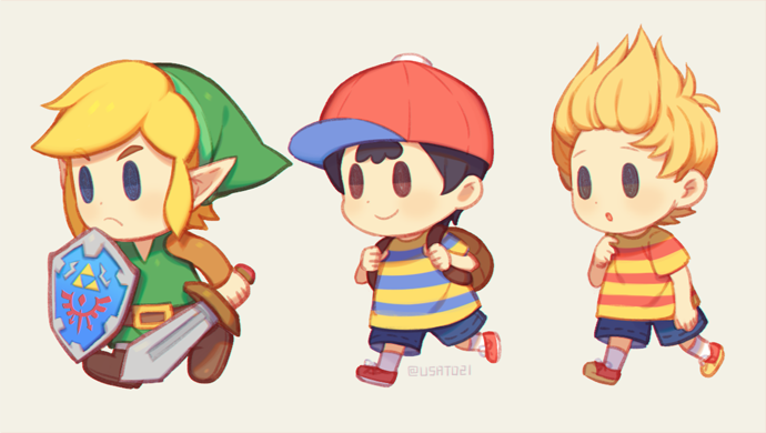 black_hair blonde_hair blue_eyes brown_hair chibi gloves hat link lucas male_focus mother_(game) mother_2 mother_3 multiple_boys ness open_mouth pointy_ears shirt short_hair simple_background smile striped striped_shirt super_smash_bros. the_legend_of_zelda the_legend_of_zelda:_link's_awakening wasabi60 weapon