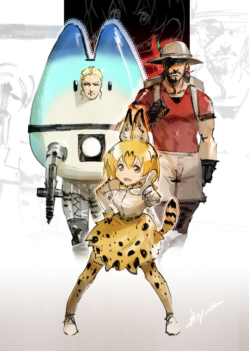 1boy 2girls animal_ears beard big_boss blonde_hair cosplay crossover eyepatch facial_hair fingerless_gloves gloves gun hat highres ikuyoan kaban_(kemono_friends) kaban_(kemono_friends)_(cosplay) kemono_friends lucky_beast_(kemono_friends) lucky_beast_(kemono_friends)_(cosplay) machine_gun metal_gear_(series) metal_gear_solid_3 multiple_girls namesake pantyhose parody serval_(kemono_friends) serval_ears serval_print shinkawa_youji_(style) skirt style_parody tail the_boss thighhighs weapon